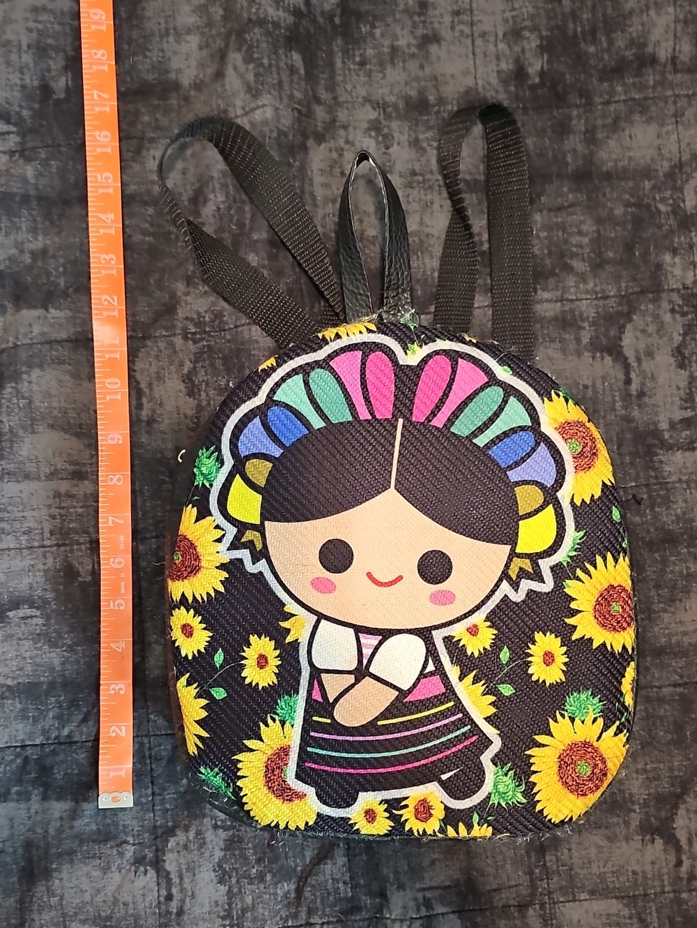 Cute Sunflower Doll Mini Backpack - Black with Multicolor